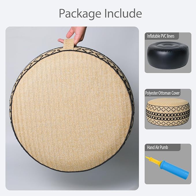 Outdoor Inflatable Ottoman with Air Pump, Embroidery Patio Footrest Stool D21”x H9”, Round Pouf Ottoman with Portable Handle Suitable for Garden, Camping, Bedroom, Living Room