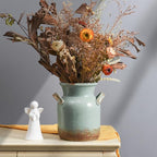 Quoowiit Ceramic Rustic Farmhouse Vase, Distressed Decorative Flower Vases for Home Decor, Ideal Shelf Decor, Green Boho Vase for Living Room Bedroom Kitchen Office Centerpiece Table Decorations