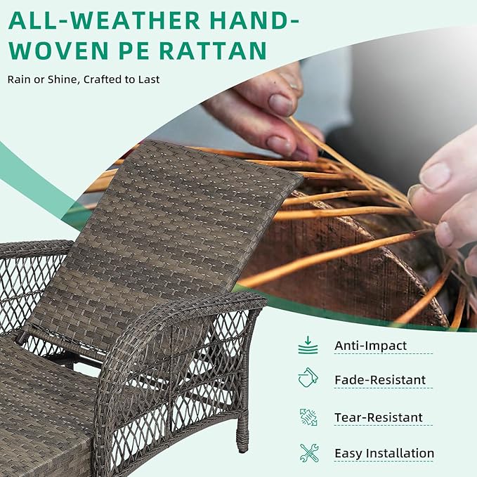 VIVIJASON 3 Pieces Outdoor Wicker Chaise Lounge Chair Set, All-Weather PE Rattan Cushioned Patio Lounger Set of 2 with Side Table, Adjustable Pool Sunbathing Recliner with Armrest & Pillow, Gray