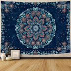 Fowocu Boho Floral Mandala Tapestry Wall Hanging Blue Bohemian Flower Medallion Tapestry Aesthetic Vintage Navy Hippie Indian Small Tapestries for Bedroom Living Room Dorm Decor 48 x 36 Inch