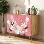 SIGNWIN Sideboard Buffet Cabinet, Kitchen Storage Cabinet with 2 Doors, Colorful Chinese Crane Bird Pattern, Cupboard Console Table for Dining Room - 35" L x 18" W x 29" H