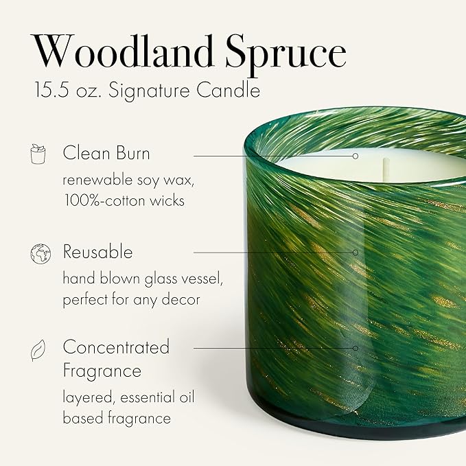 LAFCO New York Holiday Signature Candle, Woodland Spruce - 15.5 oz - 90-Hour Burn Time - Reusable, Hand Blown Glass Vessel - Made in The USA