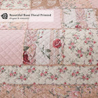 Yvooxny Quilts Queen Size Patchwork Pink Floral Quilt Set Vintage Shabby Chic Botanical Floral Quilted Bedspread 3-Piece Quilt Set with Ruffle for All Seasons, Queen Size, 98 * 90 Inches