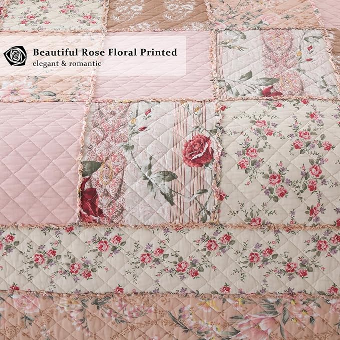Yvooxny Quilts California King Patchwork Pink Floral Quilt Set Vintage Shabby Chic Botanical Quilted Bedspread 3-Piece Quilt Set with Ruffles for All Seasons, California King, 118 * 110 Inches