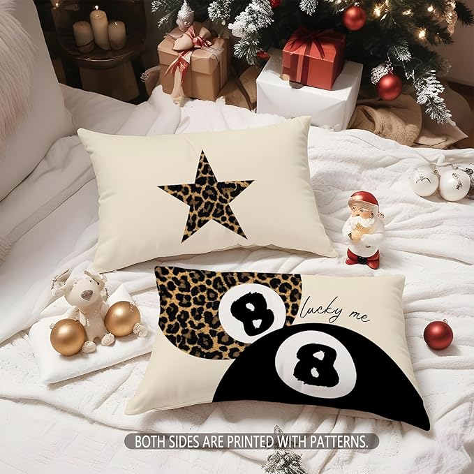 Preppy Pink Lucky 8 Ball Leopard Throw Pillow Covers 20x12,Cheetah Print Room Decor, Trendy Funky Y2K Leopard Print Motivational Decorative Pillow Covers for Girls Room Dorm Apartment，Set of 2