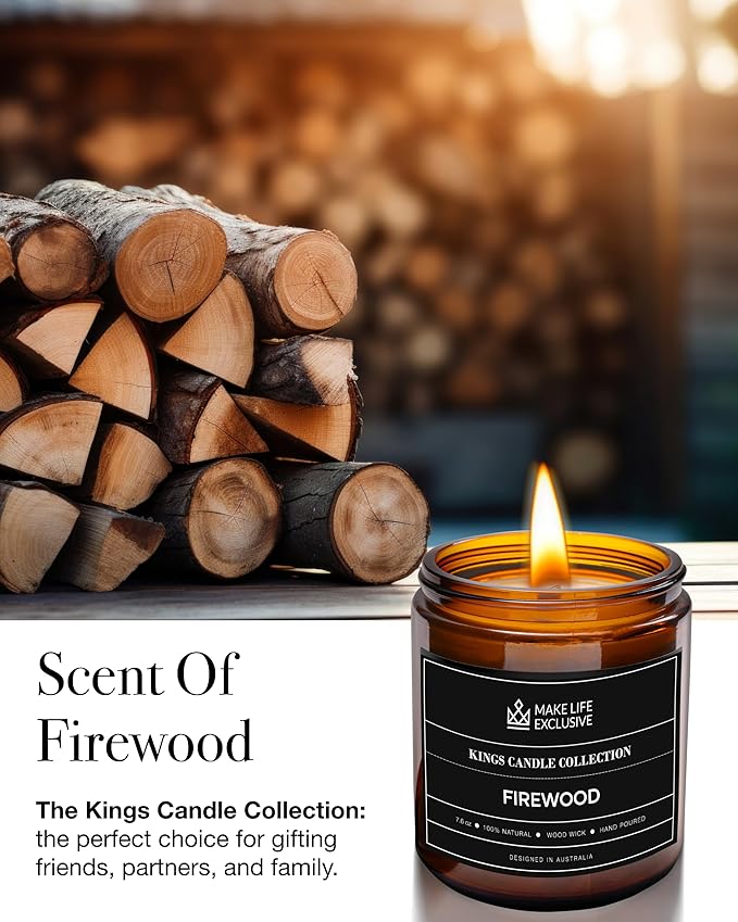 Scented Candles for Men | Firewood & Campfire Scented|Wooden Wick, Long Lasting, Masculine Scents | Natural Soy Jar Candle for Home, Bachelor Pad Decor | The Perfect Mens Gift.