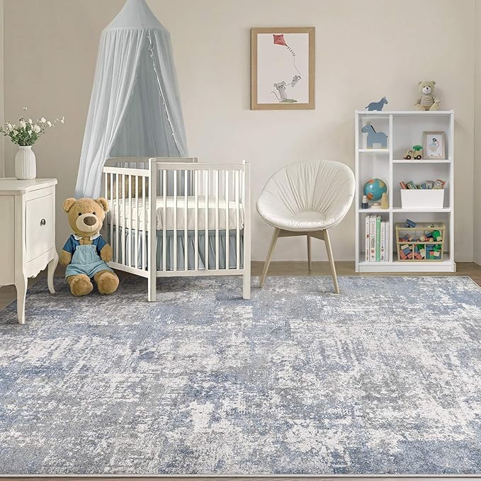 Tortania Washable 10x14 Area Rug for Living Room: Modern Abstract Neutral Large Soft Thin Rugs - Non Slip Indoor Carpet for Bedroom Dining Room Office Nursery Home Floor Decoration - Blue Grey