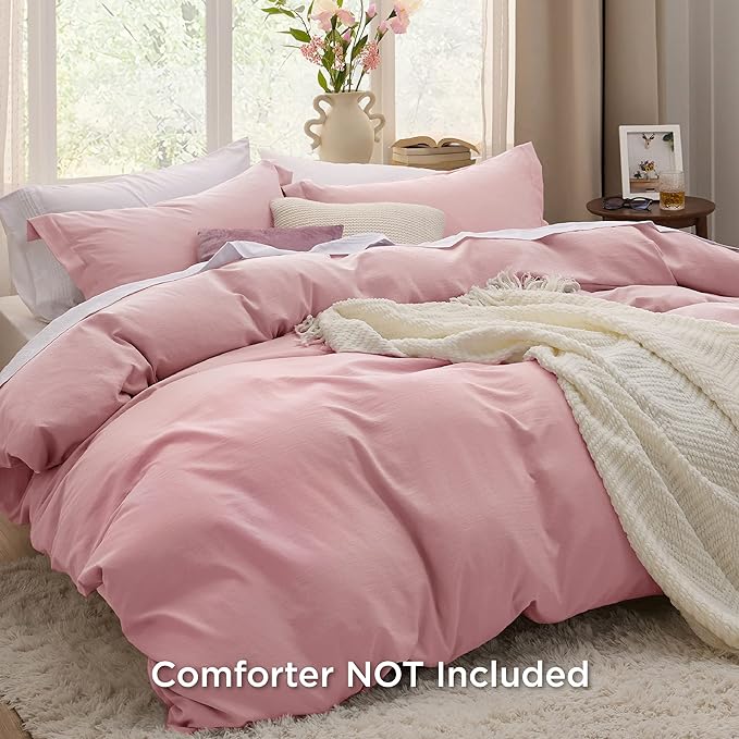 Bedsure Pink Duvet Cover Full Size - 3 Pieces Prewashed Extra Soft Cotton-Like Bedding Set, Includes 1 Duvet Cover 80x90 Inches with Zipper Closure & 2 Pillow Shams, Comforter Not Included