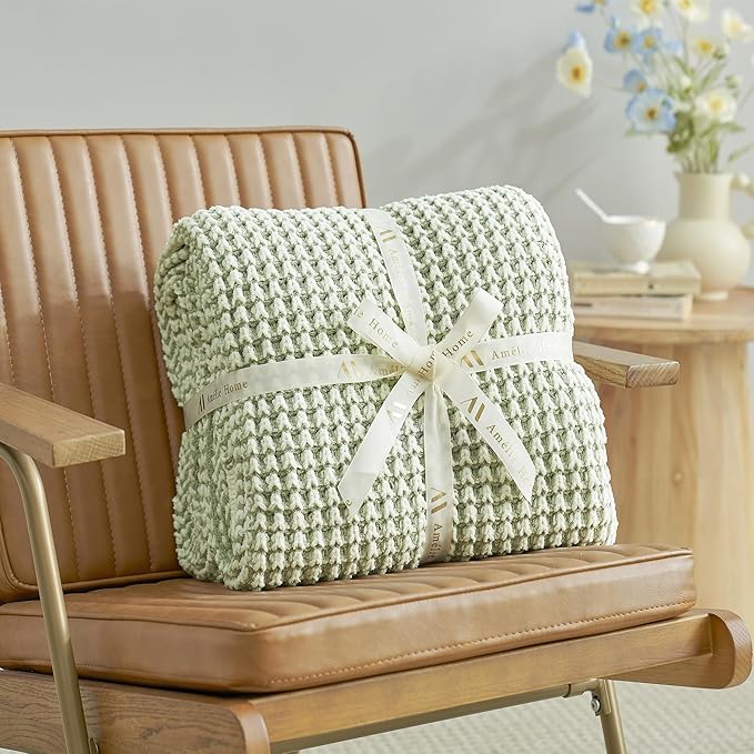 Amélie Home Chenille Waffle Throw Blanket for Couch, Reversible Pineapple Stitch Knit Soft Cozy Knit Blanket Lightweight Warm Decorative Throw for Sofa, Bed, Living Room, 60 * 80", Sage Green&Ivory