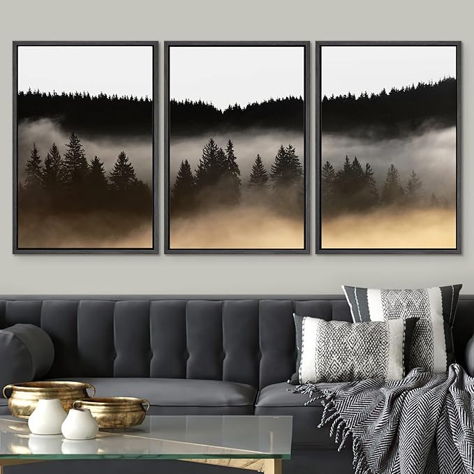SIGNWIN Framed Canvas Print Wall Art Woodland Nursery Decor Set Misty Dark Mountain Forest Silhouette Nature Wilderness Modern Art Rustic Landscape for Living Room, Bedroom, Office - 24"x36"x3 Black