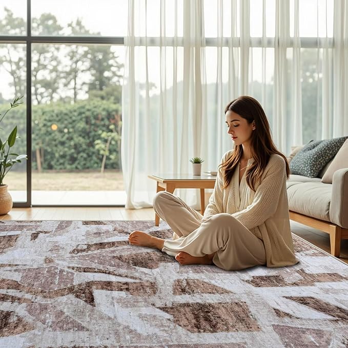 Modern Abstract 5X7 Area Rug for Living Room Bedroom Washable, with Non-Slip Rubber Backing Print Faux Wool Thin, Brown Throw Large Carpet for Kids Playroom Dining Room Pet & Child Friendly