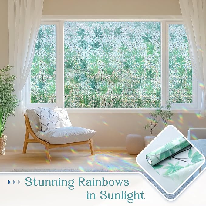 Haton Window Privacy Film, Decorative Stained Glass Window Clings, 3D UV Sun Blocking Sticker, Removable Static Cling Heat Control Tint for Home Door, Leaf Rainbow, 35.4" x 78.7" Non-Adhesive