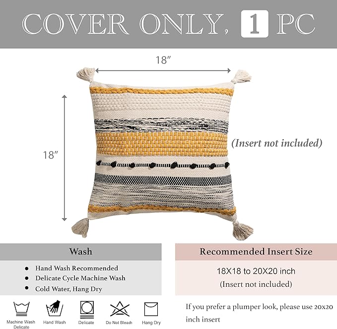 BlissBlush Fall Yellow Mustard Decorative Throw Pillow Cover 18x18 Square Boho Accent Pillowcase Tassels Farmhouse Cushion for Couch Sofa Bedroom Living Room Home Décor Cover ONLY