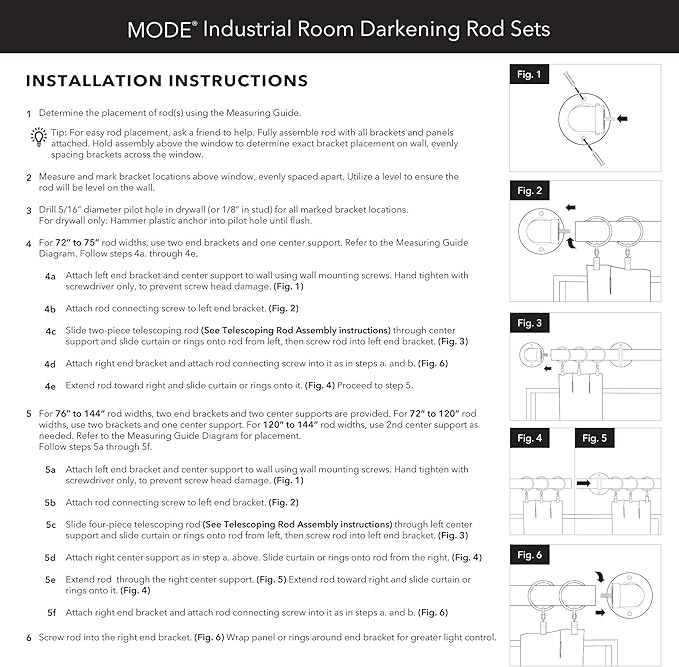 MODE Industrial Room Darkening Collection 1 1/8" Diameter Industrial Curtain Rod Set with Steel Wall Mounted Adjustable Curtain Rod, Blocks Light, Fits 72” to 144” Windows, Brushed Nickel