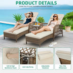 VIVIJASON 3 Pieces Outdoor Wicker Chaise Lounge Chair Set, All-Weather PE Rattan Cushioned Patio Lounger Set of 2 with Side Table, Adjustable Pool Sunbathing Recliner with Armrest & Pillow, Beige