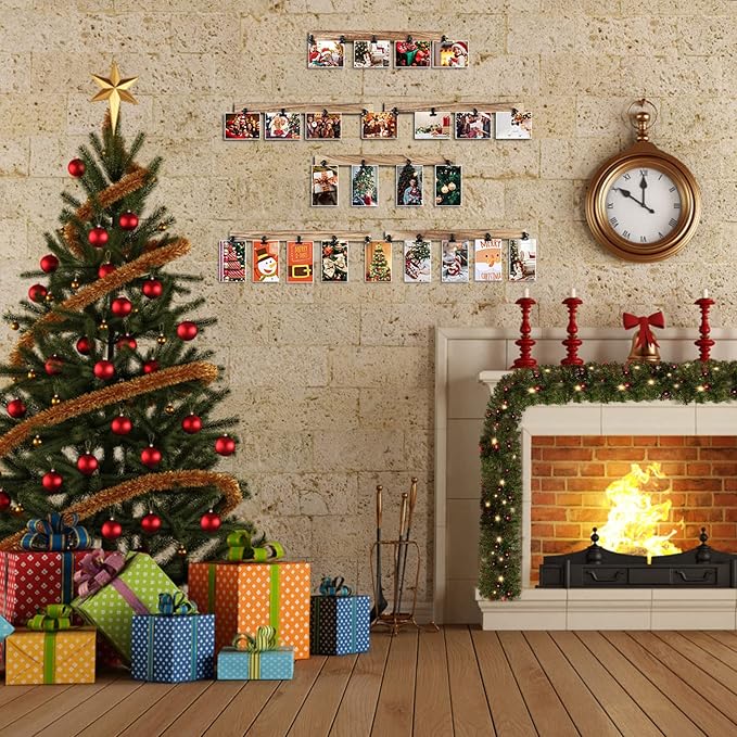 6 Wooden Wall Hanging Photo Frames With 27 Clips, Decorative Collage Picture Frame, No Drilling Required, Adhesive Stickers, Easy to Install, Carbonized Brown