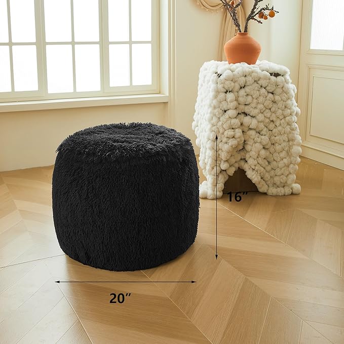 XeGe Fluffy Faux Fur Inflatable Pouf Ottoman, Comfy Portable Shaggy Fuzzy Foot Stool Anti-Slip, Plush Foot Rest Floor Pouf Home Decorative, Round Ottoman Cushion for Living Room Bedroom, Black
