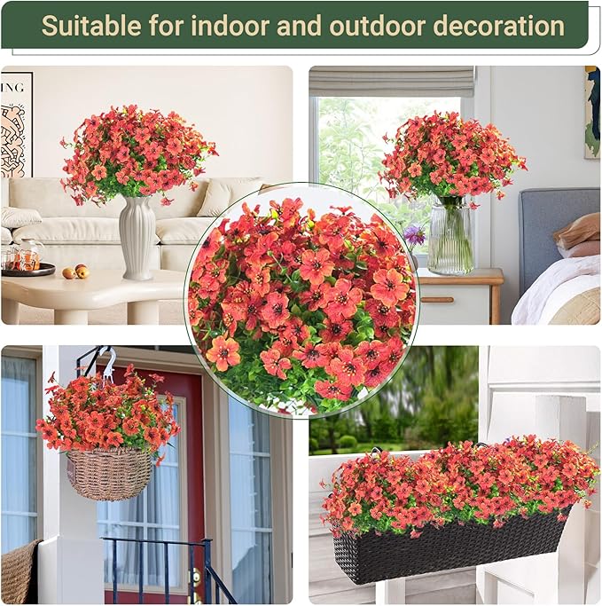24 Bundles Artificial Flowers for Outdoors & Indoors – UV Resistant Faux Plastic Plants for Garden, Patio, Porch, Window Box, Home Decor – Lush & Vibrant Fake Flowers, Orange