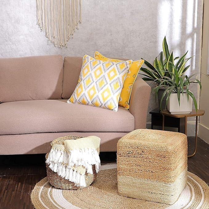 REDEARTH · Cube Pouf Ottoman - Braided Pouffe Accent Sitting Square Footrest for Living Room, Bedroom, Nursery, kidsroom, Patio, Gym; 100% Jute Set of 2 (14.5"x14.5"x16"; Natural Ivory)