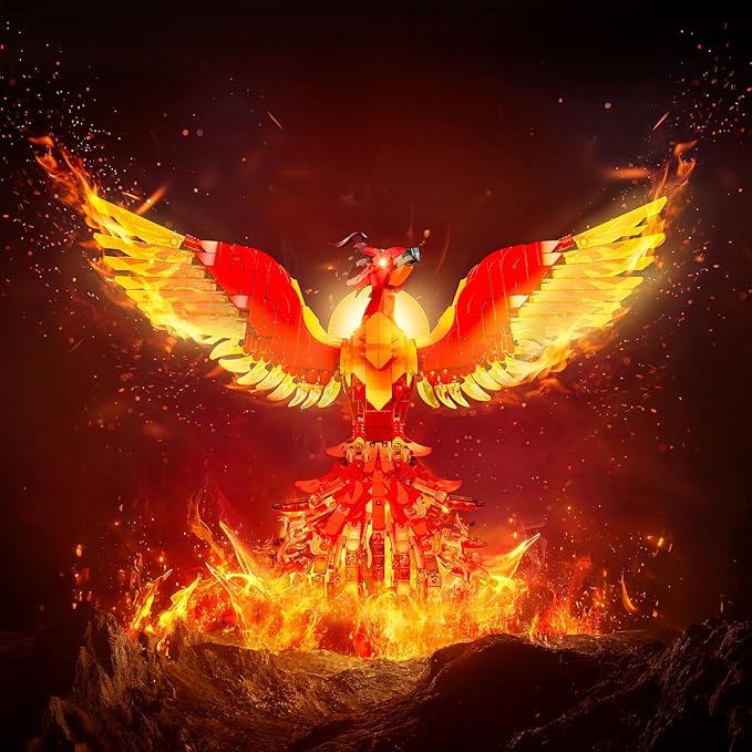 JMBricklayer Phoenix Nirvana Building Block Sets for Adults with LED Lights, Wall Art Crafts Painting Frame Building Set Magic Fire Phoenix Collection Model Bird Toy Gift Room Home Office Decor