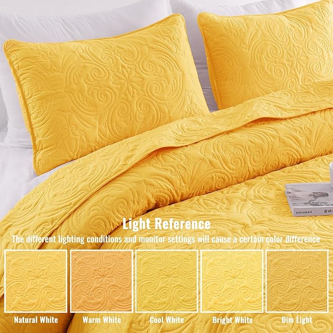 Exclusivo Mezcla Quilts Queen Size Bedding Set with 2 Pillow Shams, Lightweight Yellow Full Queen Quilt Bedspread with Vintage Damask Pattern, Soft Bedspreads Coverlets for All Seasons