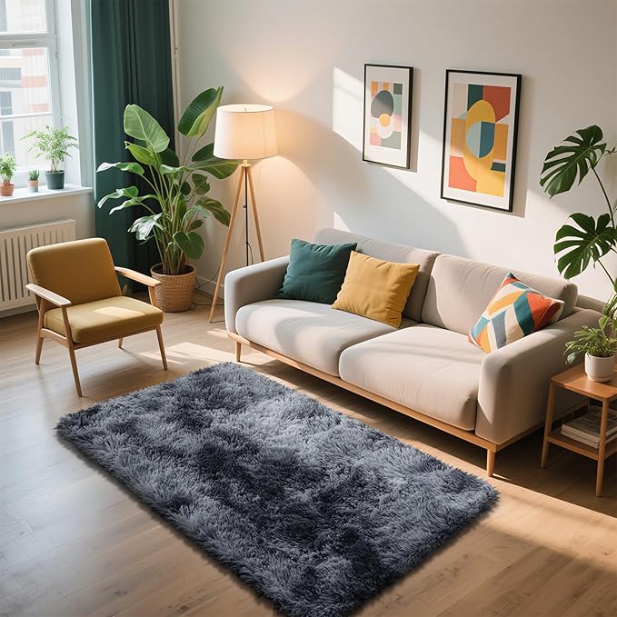 Shag Area Rug for Bedroom 3x5,Tie-Dyed Black Fluffy Area Rugs for Living Room,Soft Fuzzy Rug Non-Shedding Indoor Plush Carpet for Kids Bedroom Nursery Dorm Home Decor