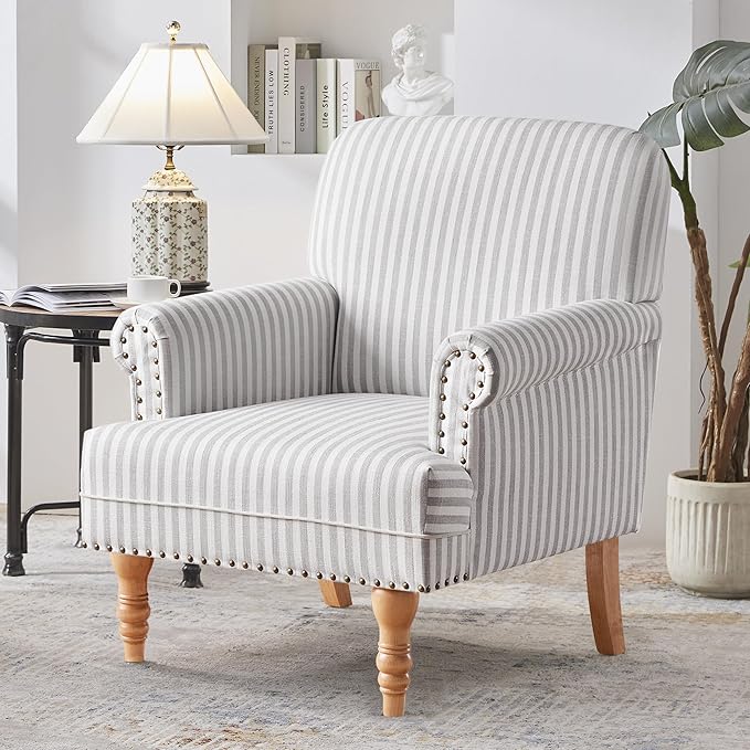 HUIMO Linen Fabric Accent Chair, Mid-Century Modern Armchair with Solid Wood Legs, Single Sofa Chair,Upholstered Reading Club Chair (1, Grey and White Stripe)