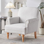 HUIMO Linen Fabric Accent Chair, Mid-Century Modern Armchair with Solid Wood Legs, Single Sofa Chair,Upholstered Reading Club Chair (1, Grey and White Stripe)