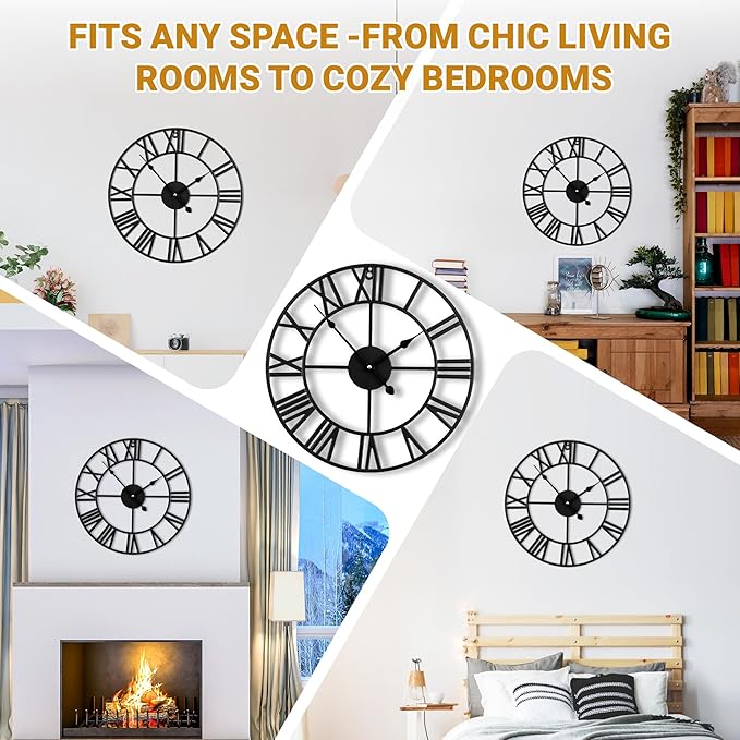 20inch/50cm Large Wall Clocks for Living Room Decor,Modern,Battery Operated,Silent,Non Ticking,Big Black Round Wall Clock for Home,Farmhouse,Office,Decoration(Iron Roman Numerals, 20 inches)
