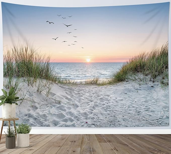 HVEST Ocean Beach Tapestry Wall Hanging, Sunset Seabird and Beach with Grass Wall Tapestry Natural Landscape Tapestries for Bedroom Living Room Dorm Decoration, 60x40 Inches