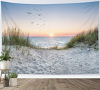 HVEST Ocean Beach Tapestry Wall Hanging, Sunset Seabird and Beach with Grass Wall Hanging Tapestry Natural Landscape Tapestry for Bedroom Living Room Dorm Decoration Wall Decor, 80x60 Inches