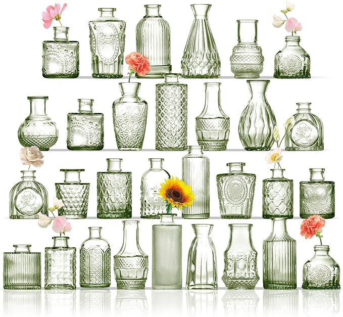 Bud Vases in Bulk 30, Green Glass Bud Vases for Centerpieces, Small Vase for Flowers, Mini Vintage Flower Vase for Centerpieces, Wedding Table Decor, Home Decor