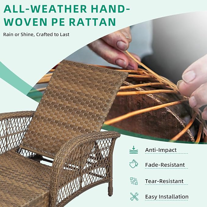 VIVIJASON Outdoor Wicker Chaise Lounge Chair Set of 2, All-Weather PE Rattan Cushioned Patio Lounger Chairs, 6-Position Adjustable Outside Pool Sunbathing Recliner with Armrest & Pillow, Beige