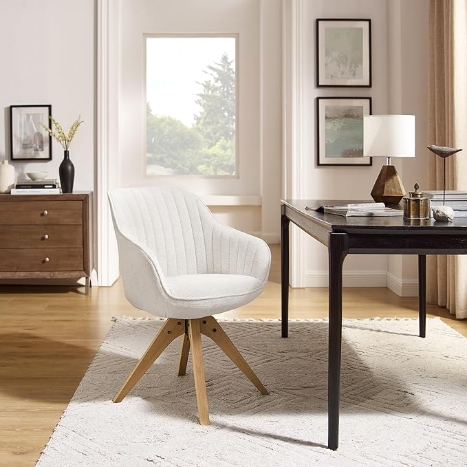 Art Leon Mid Century Modern Swivel Accent Chair - Fabric Upholstered Armchair with Natural Oak Wood Legs, Desk Chair No Wheels, Off White