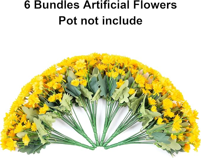 Daisy Artificial Flowers for Outdoors Fall Autumn Decoration, 6 Bundles Fake Mums Yellow Silk Flowers for Outside Look Real UV Resistant Faux Flowers Plants for Planter Front Door Home Indoor Porch