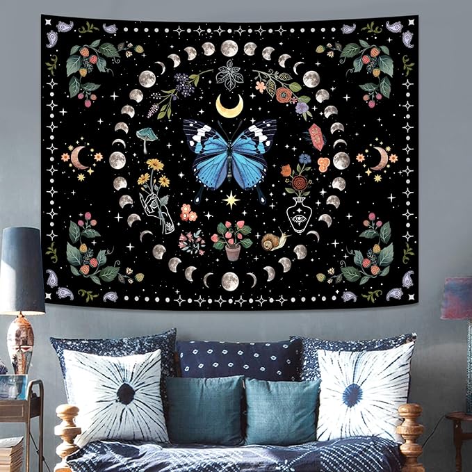 Aipon Blue Butterfly Moon Flower Boho Floral Tapestry for Bedroom & Living Room (60.00'' 80.00'', Blue)