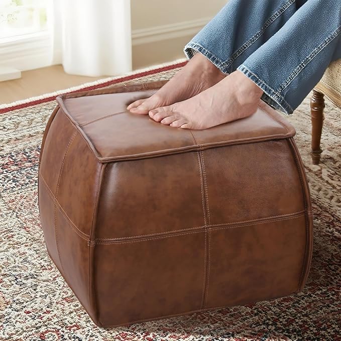Genuine Leather Square Pouf Ottoman Footstool for Living Room, Bedroom, Indoor (Brown)