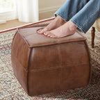 Genuine Leather Square Pouf Ottoman Footstool for Living Room, Bedroom, Indoor (Brown)