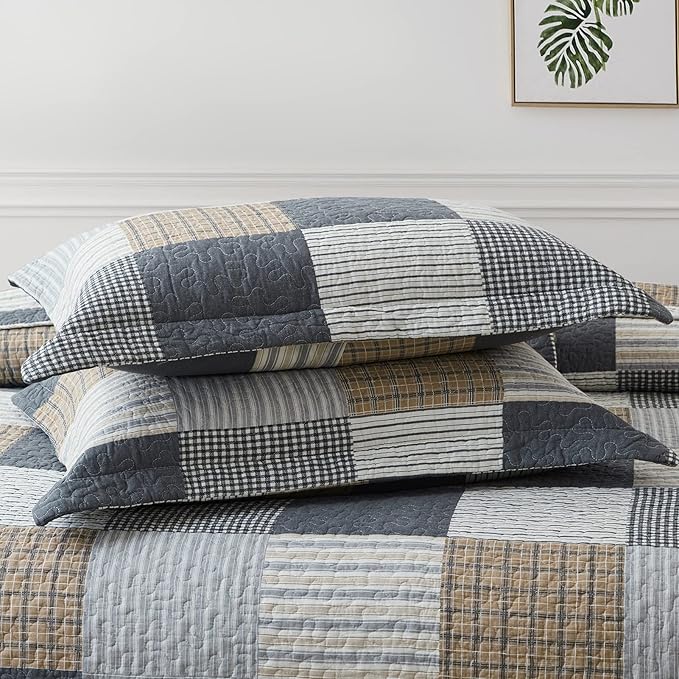 PANGUSHAN 100% Cotton Quilt Set King Size,Patchwork Plaid Bedding Bedspreads,Farmhouse Lightweight Comforter Reversible Quilt,White/Gray/Grey/Tan/Black/Cream Bed Spread King,3 Pieces