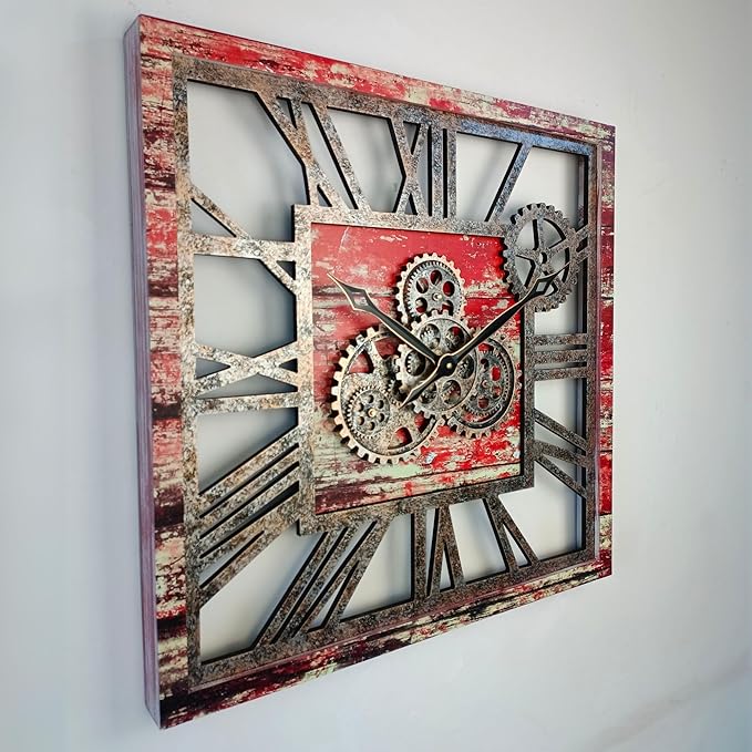 The Gears Clock 24'' Inch Square Real Moving Gear Wall Clock Vintage Industrial Oversized Rustic Farmhouse (Red Lava)