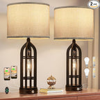 Seealle Table Lamp for Living Room Set of 2 - Bedside Lamp for Bedroom with USB C+A & Outlet, Farmhouse Lamps for Night Stands, 3-Way Dimmable Touch Lamps for Living Room with Grey Shade