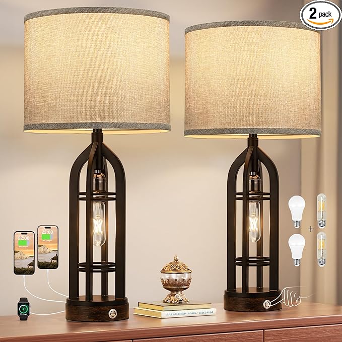 Seealle Table Lamp for Living Room Set of 2 - Bedside Lamp for Bedroom with USB C+A & Outlet, Farmhouse Lamps for Night Stands, 3-Way Dimmable Touch Lamps for Living Room with Grey Shade