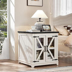 Farmhouse End Table with Charging Station Set 2, 24" Large Sofa Side Table with Glass Barn Door,White Nightstand with Adjustable Storage Shelf,Wood Square Bedside Table for Living Room,Bedroom