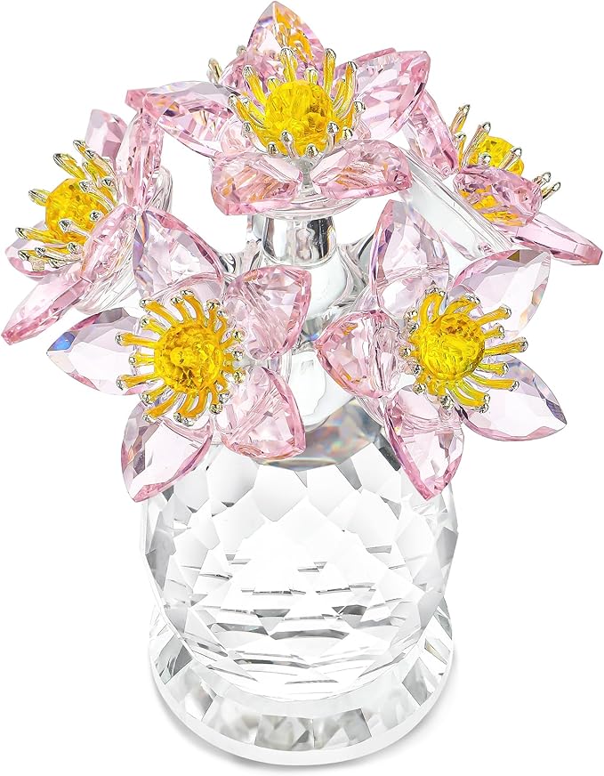 Pink Crystal Flower Ornament with Base Flower Figurine Collections Glass Flowers Bouquet Gift for Women Crystal Christmas Decoration for Home