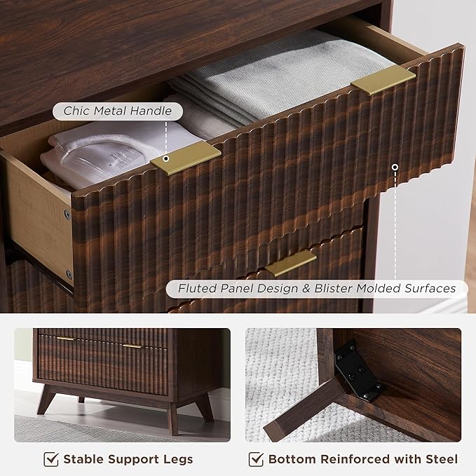 T4TREAM Fluted 5 Drawers Dresser, 48" Tall Modern Chest of Drawers, Curved Profile Design, Wood Drawer Organizer for Bedroom, Living Room, Hallway, Entryway, Dark Walnut