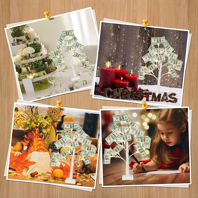 PABIPABI Money Tree Gift Holder, 24 LED Lighted Display Tree with 6 Clear Clips, Battery/USB Powered Timer Birch Tree for Christmas, Memo, Present Card, Photo, Wedding, Birthday Graduation