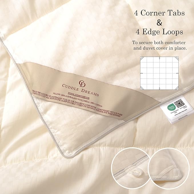 CUDDLE DREAMS Wool Comforter Duvet Insert, 100% Australian Wool Filling with Soft Noiseless Cotton Shell, Natural Warmth (Lightweight for Summer, King)