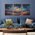 KAIRNE Framed Abstract Midnight Canvas Wall Art,Starry Night Prints Set of 3(16”X24”),Colorful Wildflowers Wall Decor,Nature Night Scene Paintings for Living Room Bedroom office Farmhouse Decoration