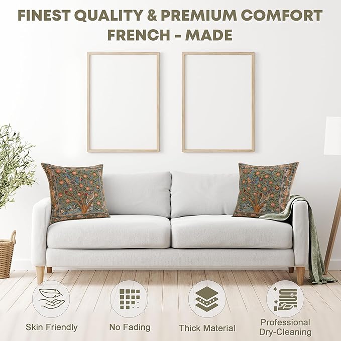 Charlotte Home Furnishings Decorative Tapestry Pillow Cover 19x19 in, Green Woodpecker Couch Pillow Cover, French Country Square Cushion Cases for Living Room Home Decor, Soft Cotton Jacquard Woven