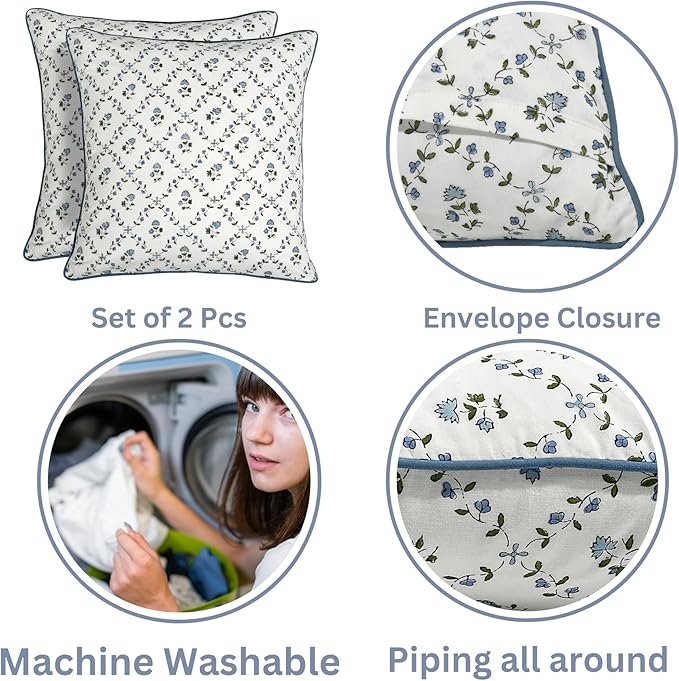 Ridhi Powder Blue Print Cotton Throw Pillow Covers for Decorative Couch Pillows for Living Room, Chic Boho Cute Outdoor Thanksgiving Ruffel Pillows Covers Gifts 16x16 Inches